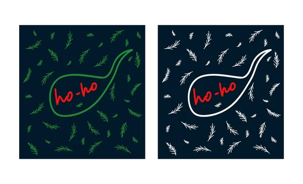 Un juego de tarjetas de Navidad con la inscripción Ho-Ho. Ilustración de dibujos animados con árboles de Navidad, fondo para Navidad. Para una tarjeta de felicitación de invierno. Feliz año nuevo 2021 y feliz Navidad — Vector de stock