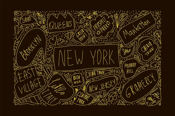 Handgetekende illustratie van de plattegrond van New York. Met handgeschreven namen van wijken en attracties. Brooklyn, Green Point, Manhattan, Chinatown, New Jersey. Het concept van reizen in NY stad. Banner — Stockvector