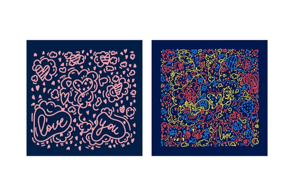 Aşk hakkında karanlık geçmişi olan bir kartpostal seti. Çizim, Doodle tarzında elle çizilmiş. Harfli Kalp, Bulutlar, Balonlar, Seni Seviyorum. Tarih vermek için tebrik kartı ya da