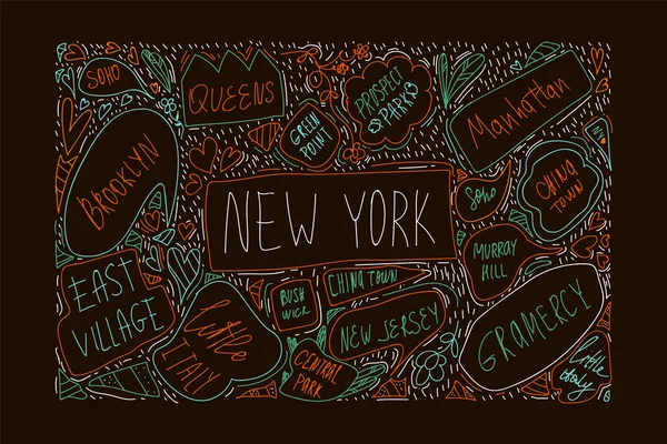 Handgezeichnete Illustration eines New Yorker Stadtplans. Mit handschriftlichen Namen von Bezirken und Sehenswürdigkeiten. Brooklyn, Green Point, Manhattan, Chinatown, New Jersey. Das Konzept des Reisens in New York City. Banner — Stockvektor