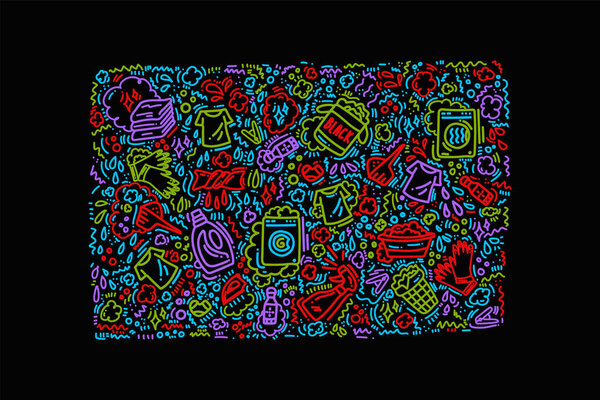 Ручная иллюстрация для прачечной. Мультфильм концепции прачечной: стиральная машина, утюг, чистящие средства, корзина для прачечной. Картины в стиле Дудл с прачечной