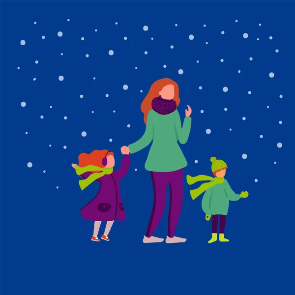 Promenades hivernales avec différentes personnes. Une femme et des enfants en vêtements d'hiver confortables. Belle illustration vectorielle couleur. Tous les éléments sont isolés — Image vectorielle
