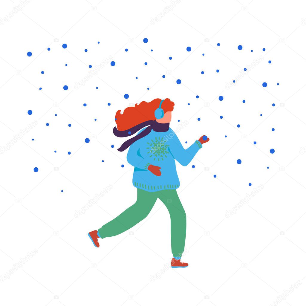 Winter scene walk of a man in winter clothes. A woman runs in cozy winter clothes, with snow falling. Winter color vector illustration. New years characters in flat style clothing.