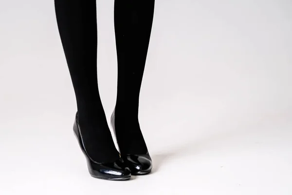 Women Feet Black Stockings Tights Black High Heeled Shoes — Stock Photo, Image