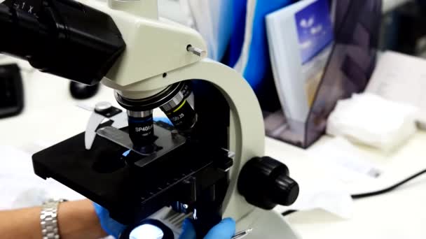 Laboratorio Médico Con Perfil Hematológico Investigación Con Microscopio — Vídeo de stock