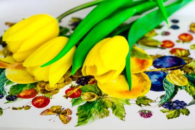 Lale beyaz ve sarı farklı kombinasyonlarda ve çeşitli nesneleri ile birlikte 