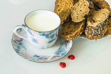 süt bir kupa ekmek, kurutma veya elma tablo 