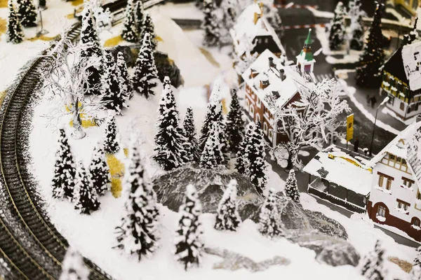 Miniatuurstad Winter Met Huizen Wegen Auto Spoorweg — Stockfoto