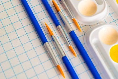 hücrelerile bir levha üzerinde çizim için suluboya boyalar ve fırçalar 