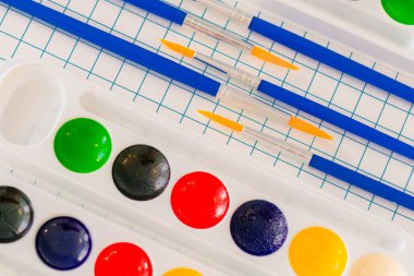 hücrelerile bir levha üzerinde çizim için suluboya boyalar ve fırçalar 