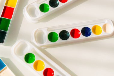 hücrelerile bir levha üzerinde çizim için suluboya boyalar ve fırçalar 