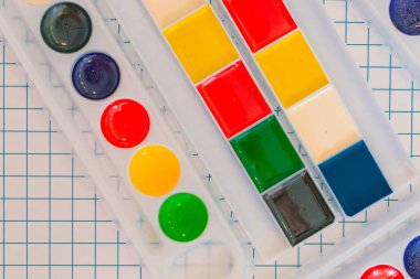 hücrelerile bir levha üzerinde çizim için suluboya boyalar ve fırçalar 