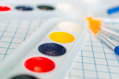 hücrelerile bir levha üzerinde çizim için suluboya boyalar ve fırçalar 