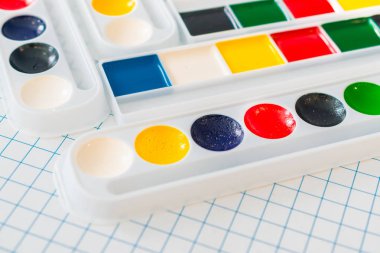 hücrelerile bir levha üzerinde çizim için suluboya boyalar ve fırçalar 