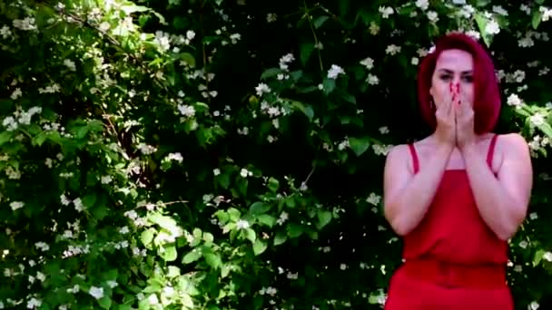 Mädchen Mit Roten Oder Purpurroten Haaren Tanzt Frech Lacht Lächelt — Stockvideo