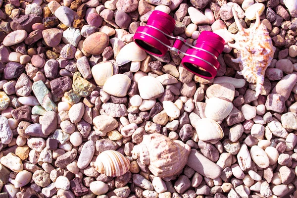 Binoculars Red Pink Pebble Beach Shells — Stock Photo, Image