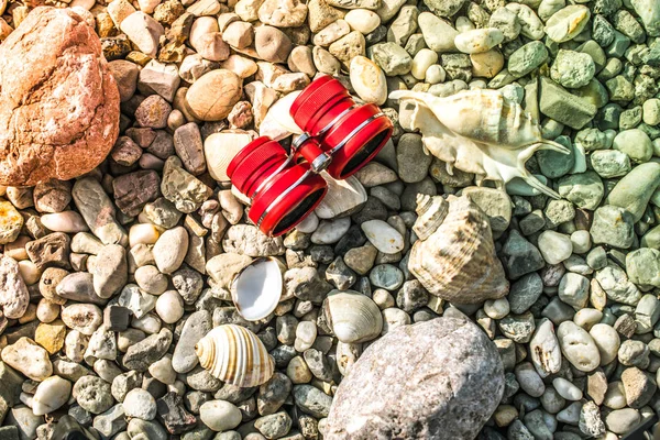 Verrekijker Rood Roze Een Kiezelstrand Met Schelpen — Stockfoto