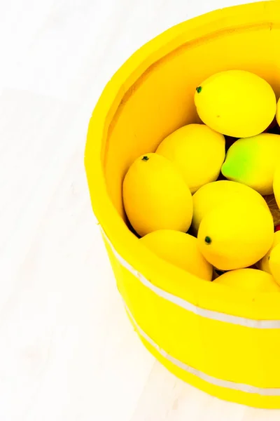 Large Yellow Lemons Large Yellow Wooden Basin Standing Floor — Stock Photo, Image