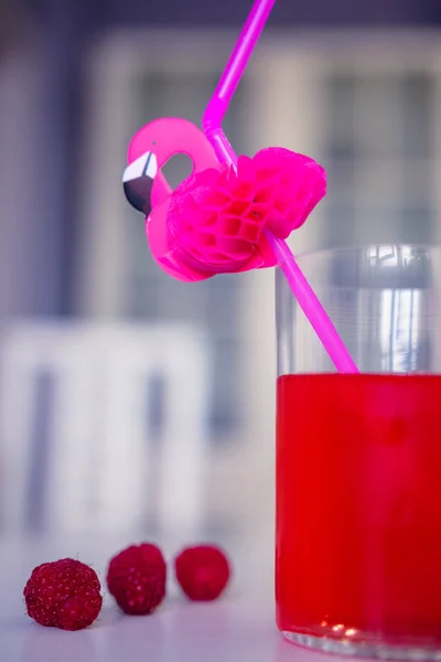 Drink Rood Met Decoratieve Drink Buis Versierd Met Flamingo Figuur — Stockfoto