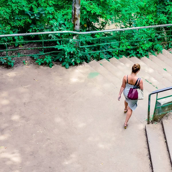 Mensen Lopen Trap Een Zonnige Zomerdag Tussen Struiken — Stockfoto