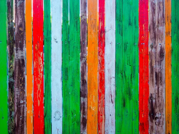 Fence Made Wooden Boards Painted Different Colors Paint — Stock Photo, Image