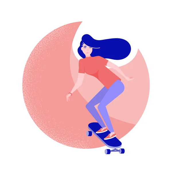 Девушка на скейтборде в плоском стиле. Мультипликационная векторная иллюстрация . — стоковый вектор