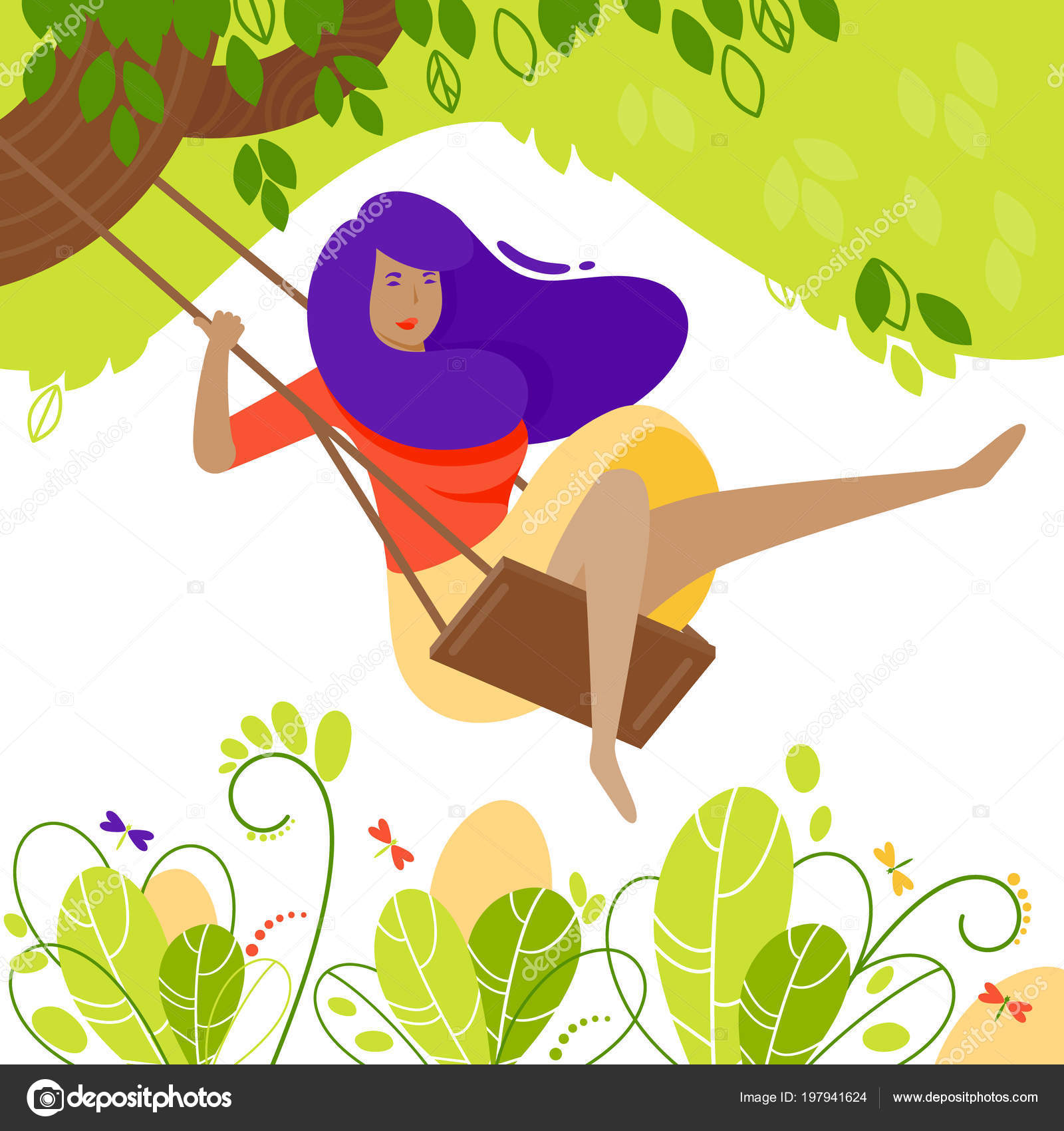 Girl On Tree Swing In Flat Style Cartoon Character Stock