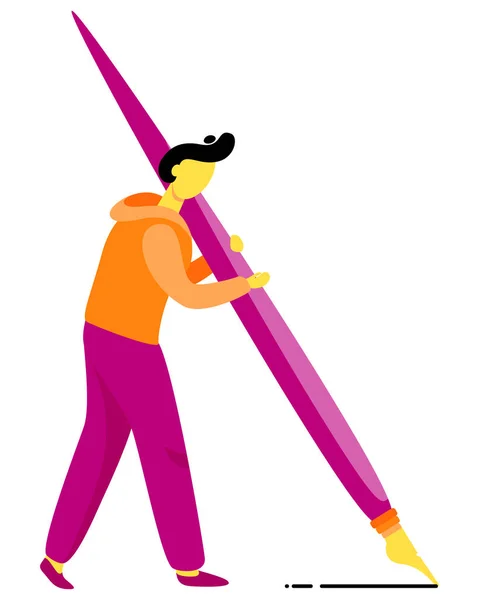 Man hold big pencil. Writer vector illustration. — Stock Vector