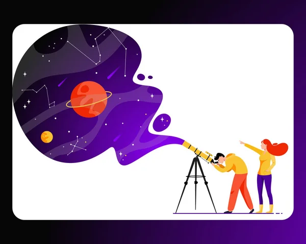 Чоловік і жінка з телескопом у пошуках зірки — стоковий вектор