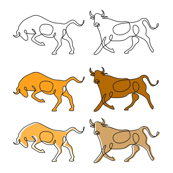 Collection of one line drawing bulls. Continuous line art of Bulls. Symbol of 2021 new year. — Stock Vector