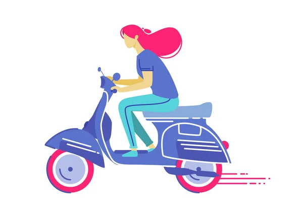 Chica joven y feliz montando un scooter — Vector de stock