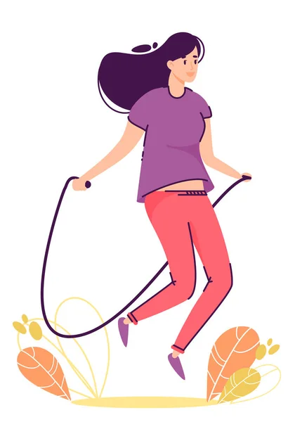 Верёвка для прыжков - векторная иллюстрация девушки, делающей упражнения для прыжковой верёвки. — стоковый вектор