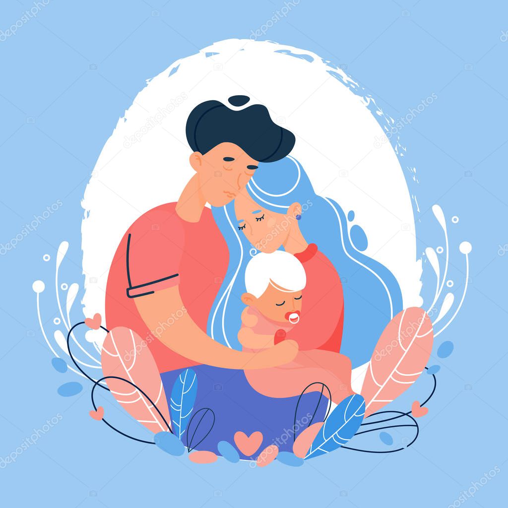 Family stylized vector illustration. Father, mother and little baby flat logo template