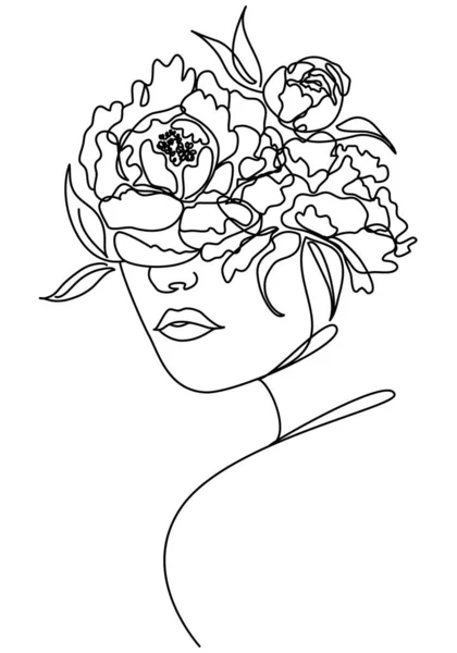 Piękna kobieta twarz z piwonii kwiat rysunek ciągłej linii, — Wektor stockowy