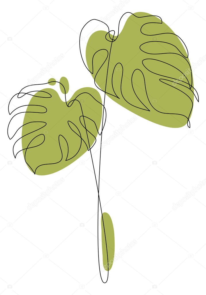 Abstract one line art of monstera, contour drawing. Minimal geometric shapes backgroud. Modern vector illustration. Elegant continuous line drawing. Editable template for posts in social networks.