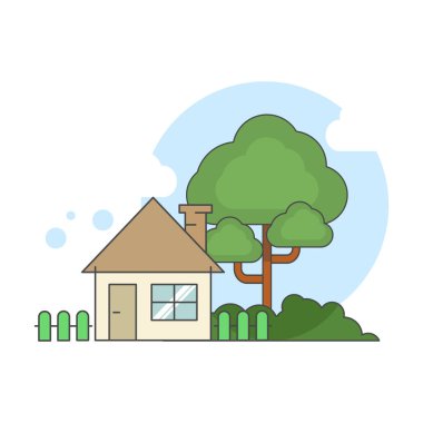 Ev ve ağaç ikonu. Düz biçim. 