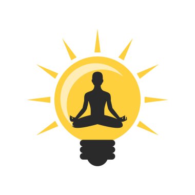 Meditating man and light bulb icon. Flat style. Spiritual Enlightenment. clipart
