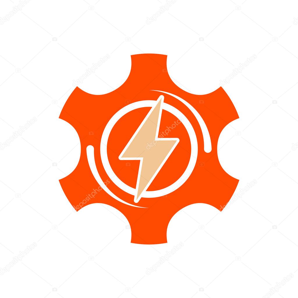 Gear and lightning bolt logo. Concept of electric energy. Flat style. Isolated on white background.