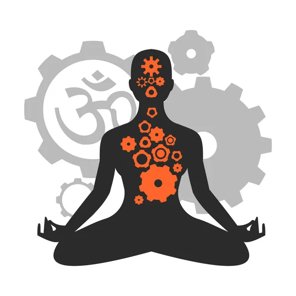Mediterende Vrouw Lotushouding Tandwielen Tandwielen Concept Van Innerlijke Engineering Yoga — Stockvector