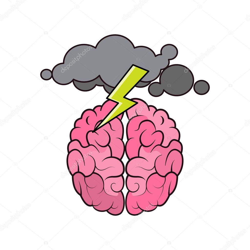 Human brain and dark clouds with lightning bolt. Concept of brainstorming. Flat style illustration. Isolated on white background.