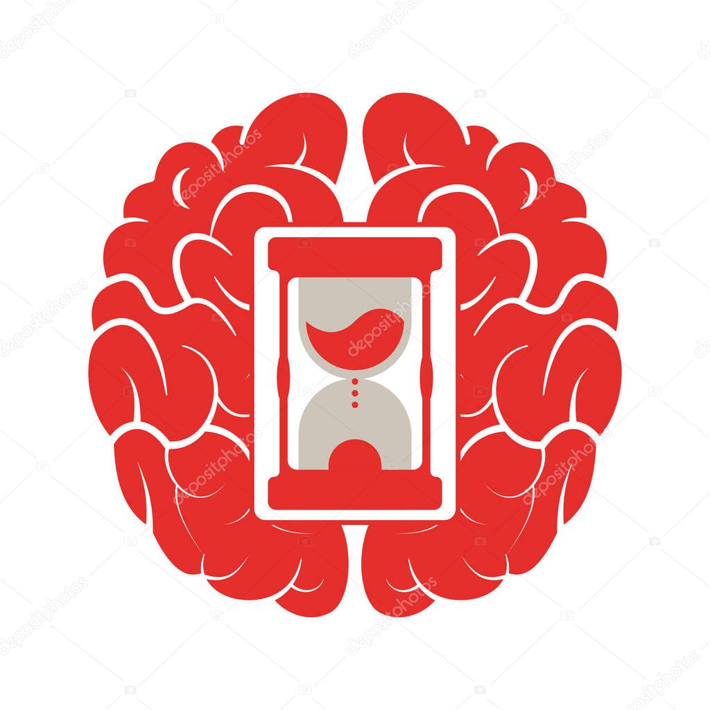 An hourglass in the middle of a human brain. Concept of neural clock or brain time. Flat style illustration. Isolated on white background.