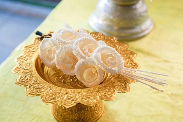 Thai artificial funeral flower (dok mai chan), sandalwood flower on Thai pedestal tray use for funeral ceremony