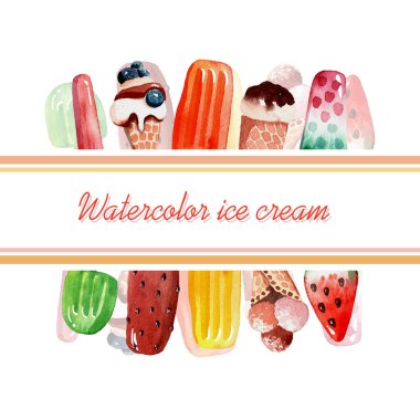 Suluboya şeklinde renkli dondurmayla çerçevelenmiş. Beyaz bir arkaplanda