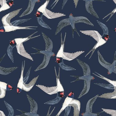 Şirin kırlangıçlarla suluboya deseni. Karanlık bir arka planda. Kusursuz desen