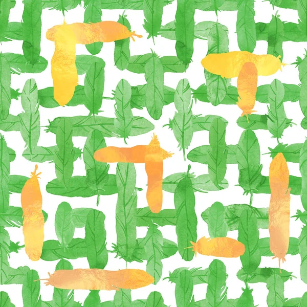 Gröna Och Gyllene Fjädrar Akvarell Stil Sömlös Bakgrund Vit Bakgrund — Stockfoto