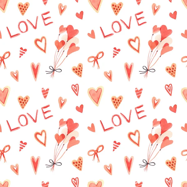 Watercolor Seamless Pattern Elements Valentine Day White Background Hearts Sweets — Stock Photo, Image