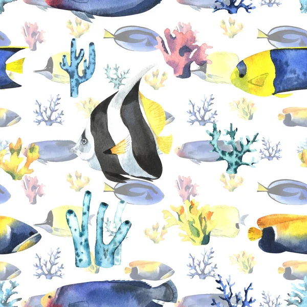 Tropical fish, in watercolor style. Seamless pattern on white background