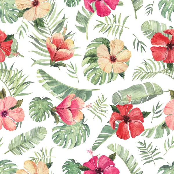 Vzor Krásnou Akvarel Tropické Květiny Listy Tropics Realistické Tropické Listí — Stock fotografie
