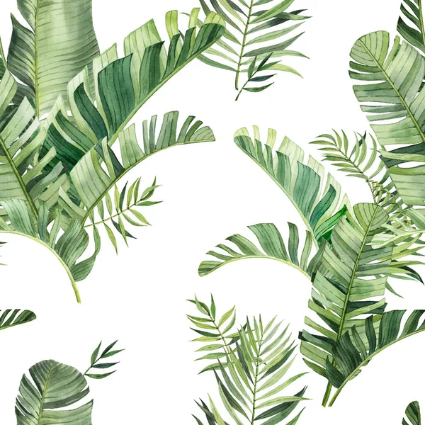 Pattern Beautiful Watercolor Tropical Leaves Tropics Realistic Tropical Leaves White — Stock Photo, Image