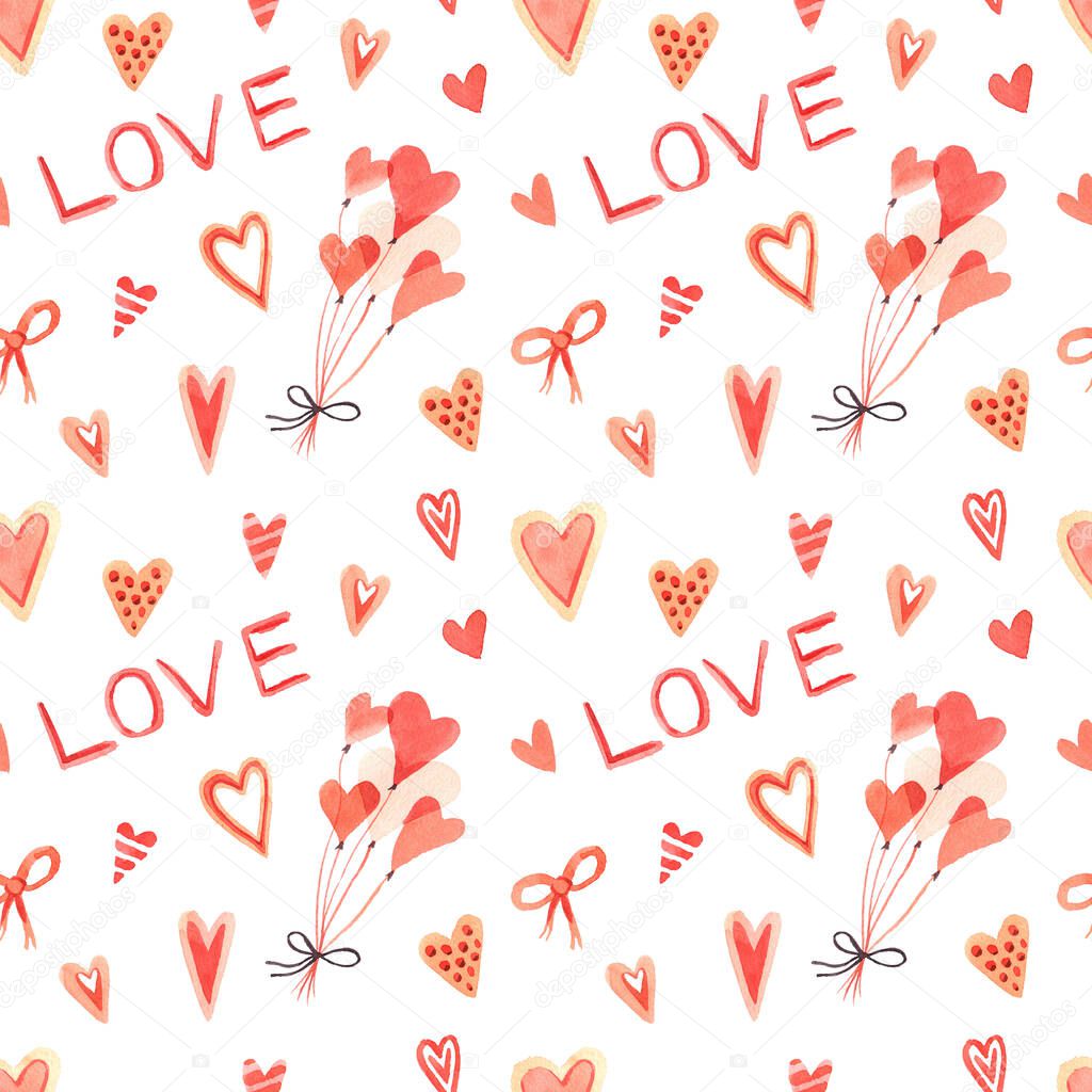 Watercolor seamless pattern with elements for Valentine's Day on a white background.Hearts, sweets, balls, gifts and other cute items